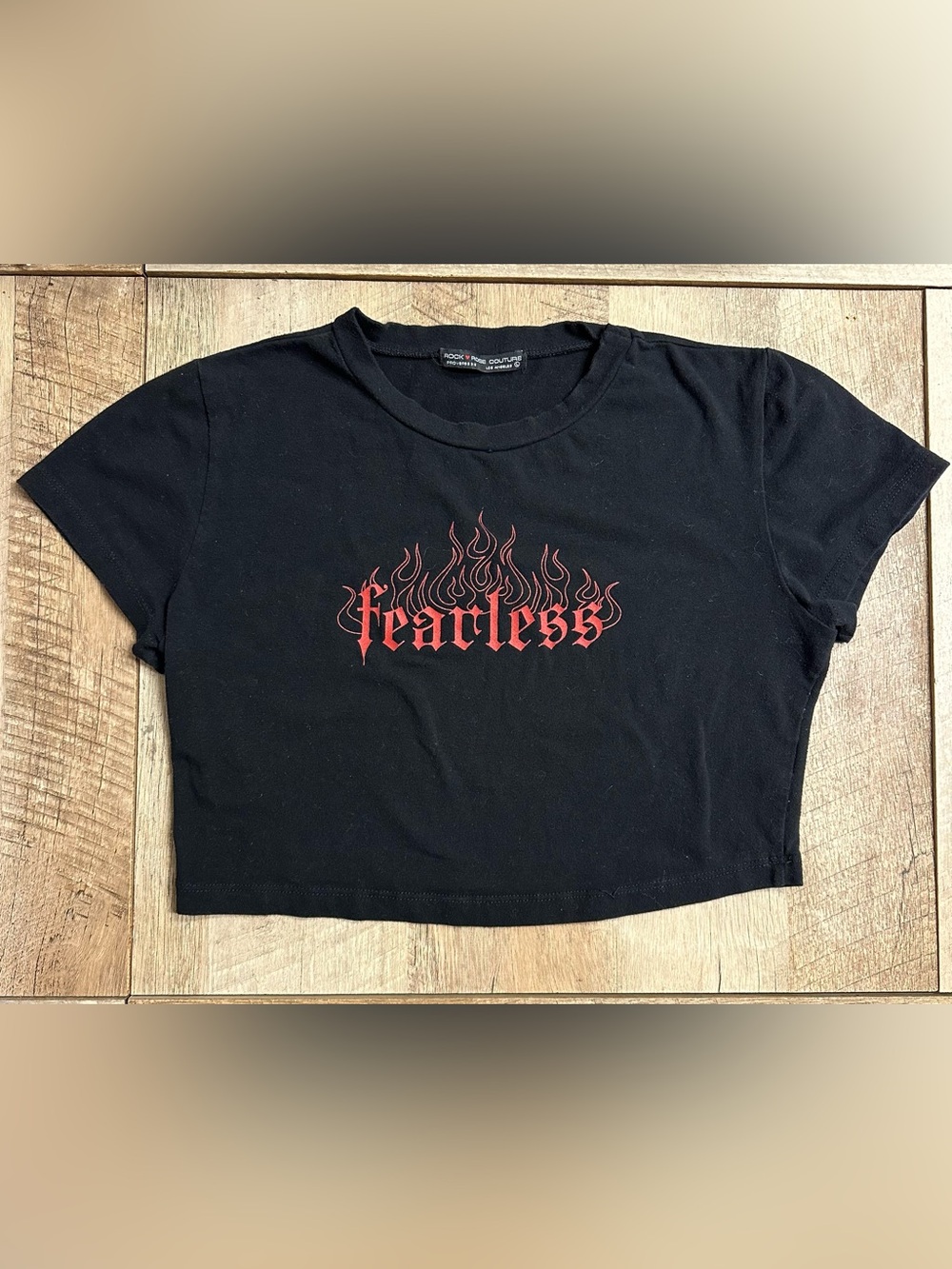 Rock & Republic Black Crop Tee with Red Flame 'Fearless' Logo